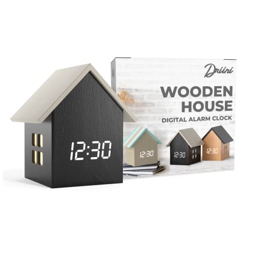 Driini Digital House Shaped Alarm Clock with Temperature Display (Dark Wood) – Modern Aesthetic with Cute Cube Frame and White LED Dimmer - Perfect Small Desk Clock for Bedside Table or Bedroom Mantle