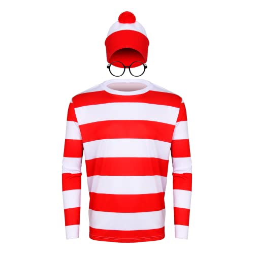 PARTYEVER Adult Men Halloween Red and White Striped Long Sleeve Tee Shirt Glasses Hat Outfit Suit Set Funny Cosplay Sweatshirt Costume (Large)