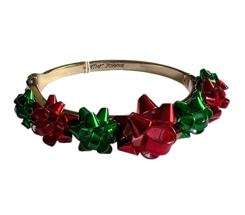 Betsey Johnson Gold Tone Red & Green Metal Christmas Bow Hinged Bangle Bracelet Christmas Gift Idea Birthday Anniversary Present XMAS Colorful Gifts Fashion Jewelry