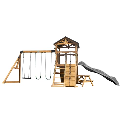 Backyard Discovery Endeavor II All Cedar Wood Swing Set Playset for Backyard with Gray Wave Slide Climbing Wall with Rope Picnic Table Double Wide Rock Wall 2 Belt Swings and 1 Web Swing Gift