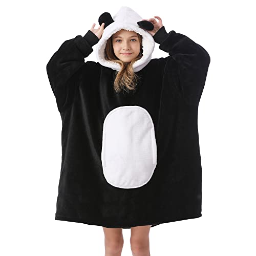 Kipswiza Blanket Hoodie for Kids Oversized Wearable Blanket Super Soft Warm Sherpa Fleece Blanket Sweatshirt for Boys Girls Teens Children Black Panda