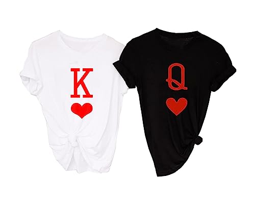 K and Q of Hearts Couple Shirt His and Hers Matching Outfit T Shirts Funny Cute Letter Print Graphic Casual Tee Tops (Whtie-Men XL)