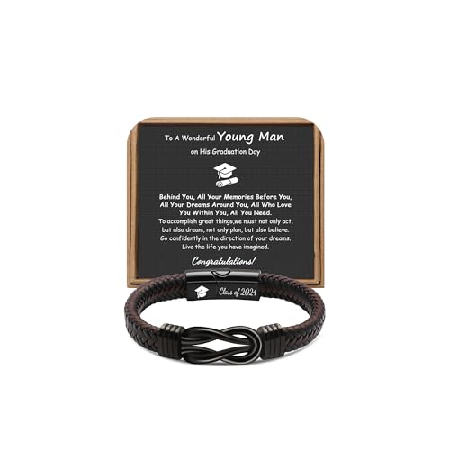 High School College Graduation Gifts for Him 2024, Graduation Gifts for Men Leather Stainless Steel Knot Bracelet, Class of 2024 Gifts for Him Graduation Bracelet for Men Son Boyfriend Brother