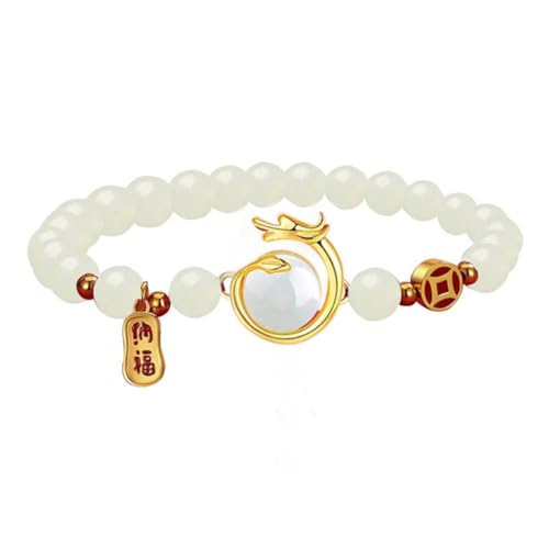 LIU JUN 2024 Chinese New Year Dragon Bracelets,Dragon Bracelet Chinese Zodiac Feng Shui Lucky Amulet Stretch Bracelets,New Year Gifts for Women Unisex Jewelry (White-Propitious Dragon)