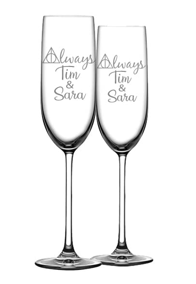 Personalized Wedding Champagne Flutes -Deathly Hallows Always -Set of 2 glasses for toasting/bride and groom gifts -Wedding Registry By Brides Name, Wedding Gift