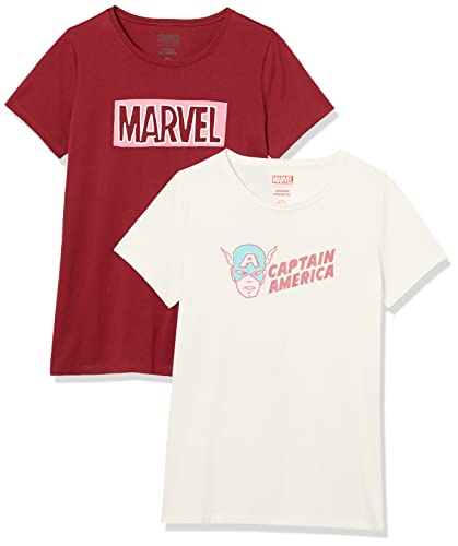 Amazon Essentials Disney | Marvel | Star Wars | Princess Women's Short-Sleeve Crew-Neck T-Shirts (Available in Plus Size), Pack of 2, Captain America, Large