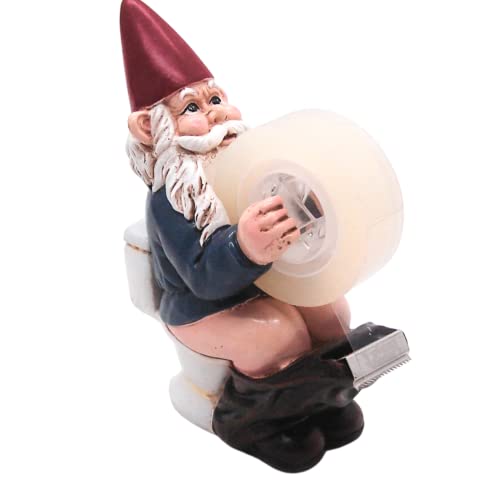 Gnome Sitting on a Toilet Tape Dispenser, Funny Office Supplies, Unique Desk Accessory, 5.25 Inches