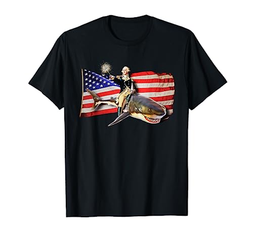 Washington Riding Shark T Shirt Funny July 4th American Flag T-Shirt