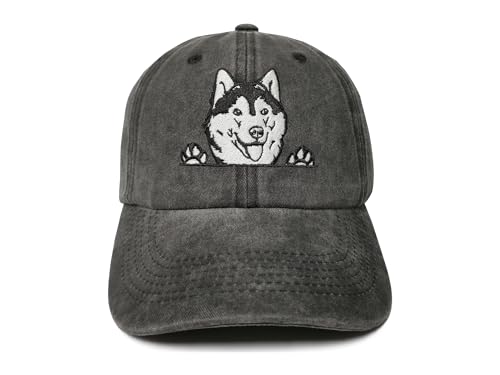 ZKFE Dog Lover Gifts for Men, Embroidered Siberian Husky Hat for Women, Washed Black Baseball Cap Snap Back Ponytail Hat