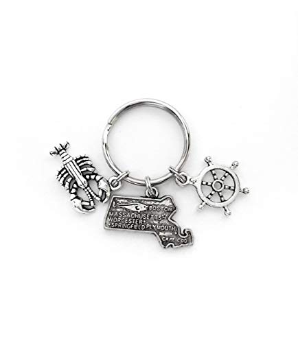 Massachusetts theme keychain. Includes State of Massachusetts, a Lobster, and Ship Wheel Charms. Boston Lover Gift.