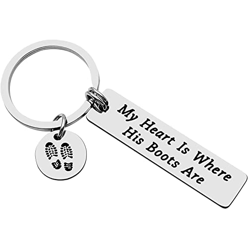 Military Keychain Gift for Soldier Military Navy My Heart is Where His Boots are Key chain Mothers Day Gifts Christmas Army Jewelry Military Deployment Gift for Soldier Mom Wife Girlfriend Keyring