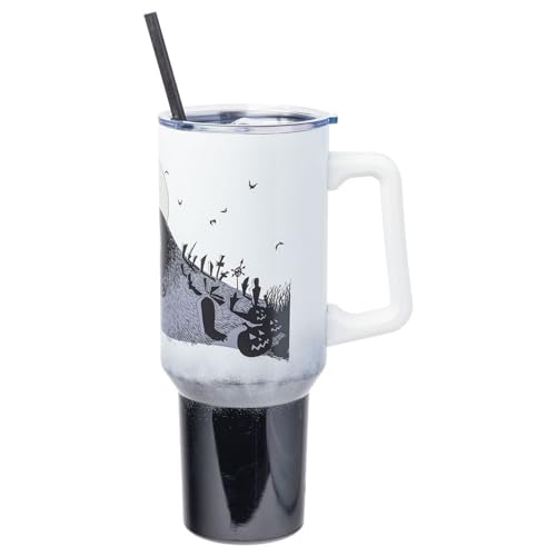 Silver Buffalo Disney Nightmare Before Christmas by Tim Burton Jack Skellington Hill and Moon Stainless Steel Tumbler with Handle and Straw, Fits in Standard Cup Holder, 40 Ounces