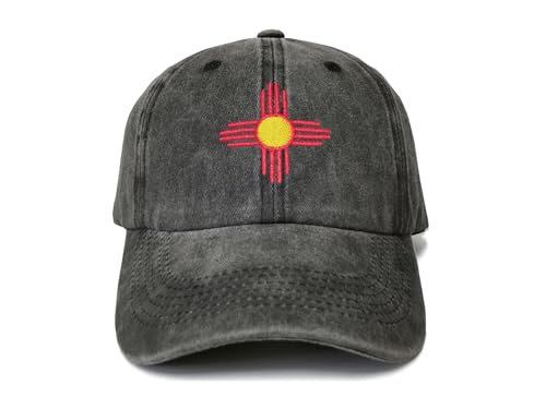 Shenbors Embroidered New Mexico State Flag Hat for Kids Women Men, Washed Black Adjustable Embroidery Cotton Denim Baseball Cap