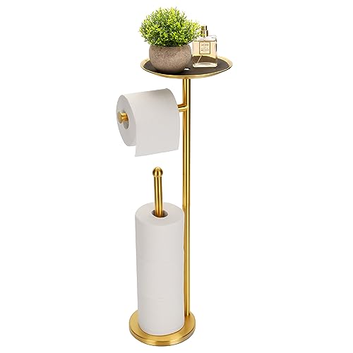Sfemn Freestanding Gold Toilet Paper Stand with Storage Tray and Space for 4 Extra Rolls