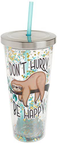 Spoontiques - Glitter Filled Acrylic Tumbler - Glitter Cup with Straw - 20 oz - Stainless Steel Locking Lid with Straw - Double Wall Insulated - BPA Free - Sloth