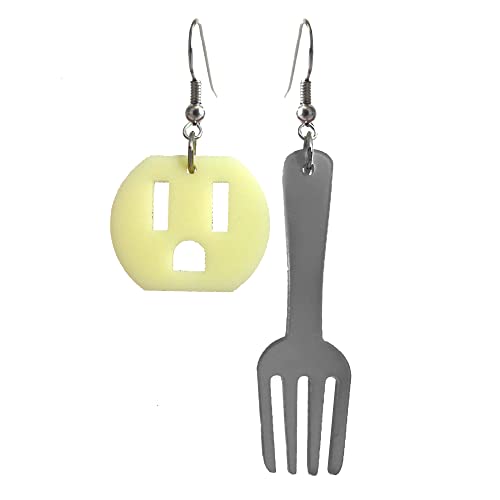 Funny Fork and Outlet Socket Mismatch Earrings Set with Nickel Free Hooks, Humor Electrician Electric Shock Jewelry