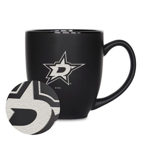 Rico Industries NHL Hockey Dallas Stars 15oz Laser Engraved Matte Black Ceramic Bistro Mug - For Hot or Cold Drinks
