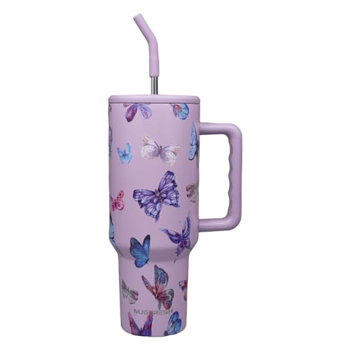 40 oz Tumbler with Handle and Straw, Butterfly Tumbler Cup Holder Friendly Insulated Travel Mug Stainless Steel Water Bottle Butterfly Gifts for Women