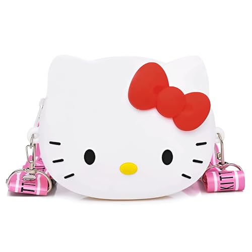 Kawaii Kitty Bag, Cute Cartoon Kitty Shoulder Bag with Zipper, Anime Wallet Purse with Lanyard, Kitty Accessories for Girls Birthday Gifts (White)