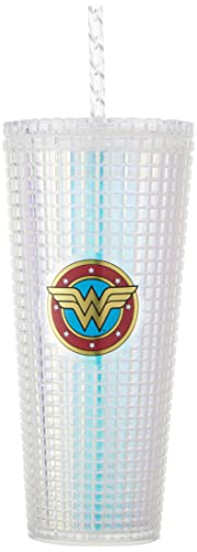 Spoontiques - Diamond Tumbler - Textured Cup with Straw - Double Wall Insulated and BPA Free - 20 oz - Wonder Woman