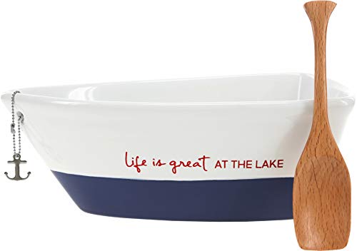 Pavilion - Life Is Great At The Lake - 12 Oz Stoneware Boat Dish Server With Wooden Oar Scoop,Blue