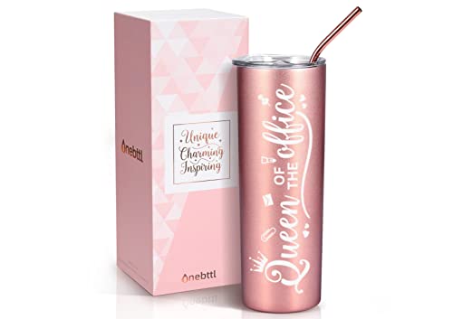 Onebttl Secretary Gifts for Woman, Funny Administrative Professional Day Gifts for Appreciation, Christmas, Birthday, 20oz Stainless Steel Insulated Skinny Tumbler - Queen of the Office RoseGold