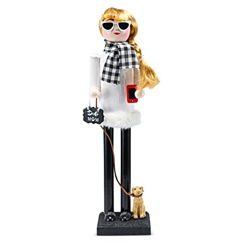 Ornativity Christmas Dog Mom Nutcracker – White and Black Wooden Nutcracker Woman with Dog on Leash and a Smartphone in Hand Xmas Themed Holiday Nut Cracker Doll Figure Decorations 15'