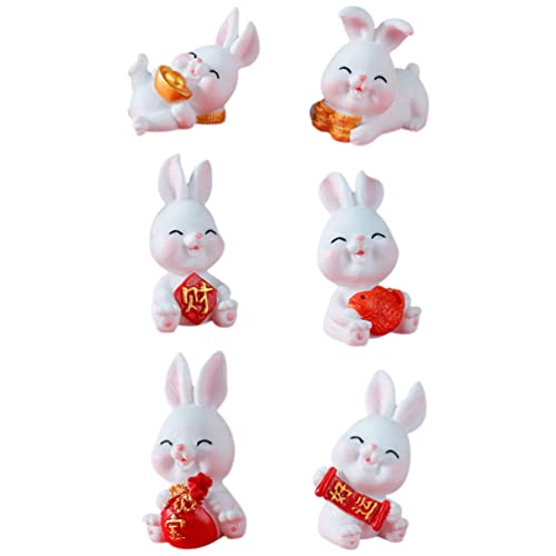 GALPADA 6Pcs Chinese Miniature Rabbit Figurines Zodiac Rabbit Statue Mascot Toys Chinese Feng Shui Bunny Spring Festival Car Table Decor