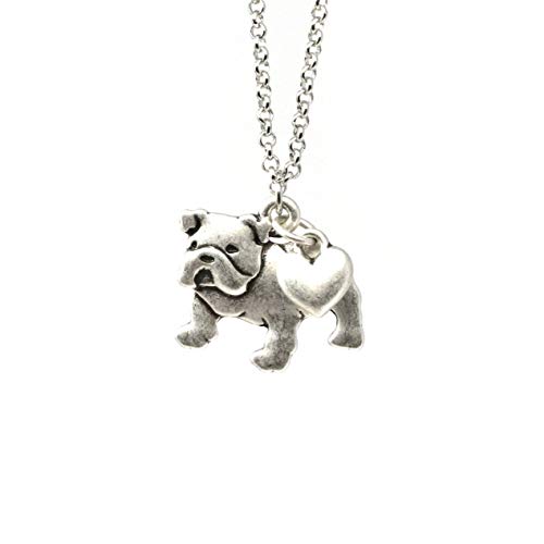 English Bulldog Charm Necklace, Bull Dog Pet Lover Gift, Silver Metal with Heart Pendant on a Chain, Ladies I Love Dawgs Short Hair