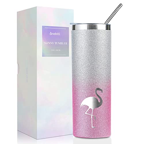 Onebttl Flamingo Skinny Glitter Tumbler Gifts For Women, Female, Her and Flamingo lovers - 20oz/590ml Stainless Steel Insulated Tumbler with Straw, Lid, Message Card - (Pink Sliver Gradient)