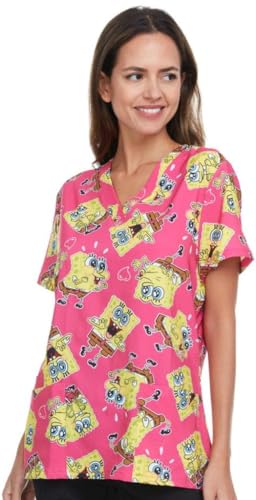 COCO BRANDS Spongebob Women's All Over Print, V-Neck Scrub Top with Pockets - Comfortable Work Uniform, Pink Hearts, Small
