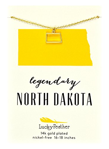 Lucky Feather North Dakota Shaped State Necklace, 14K Gold-Dipped Pendant on Adjustable 16”-18” Chain