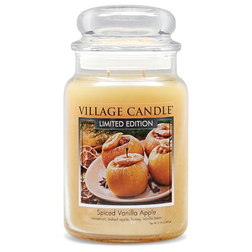 Village Candle Spiced Vanilla Apple, Large Glass Apothecary Jar Scented Candle, 21.25 oz, Ivory
