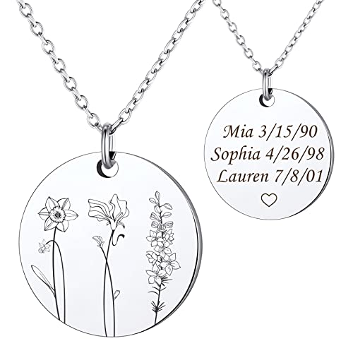 Anavia Multiple Birth Month Flowers Necklace Connection of Family and Friends, Personalized Floral Necklace, Customized Birthday Jewelry Gift for New Mom Sister Long Distance Couple Babyshower (Silver)