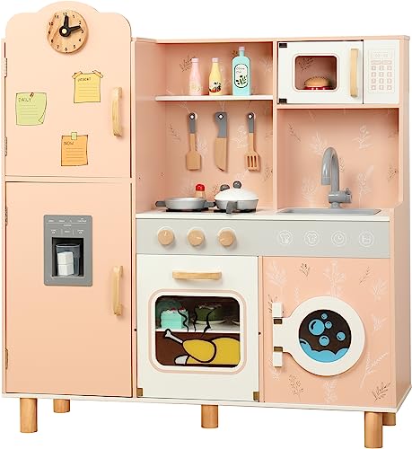 Bruvoalon Wooden Play Kitchen Toy Set for Kids, with Realistic Design, Sink with Faucet, Oven, Microwave, Utensils, Kitchenware Play Food Set Accessories, Birthday Gifts for Toddlers Boys Girls (Pink)