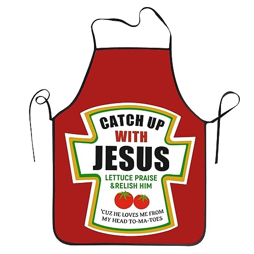 Shuwekk Christian Apron for Men Women, Funny Christian Cooking Kitchen Grilling Coffee Apron, Adjustable Bib Aprons with Extra Long Ties, Catch with Jesus, Red