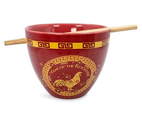 Year Of The Rooster Chinese Zodiac Ceramic Dinnerware Set | Includes 16-Ounce Ramen Noodle Bowl and Wooden Chopsticks | Asian Food Dish Set For Home & Kitchen | Kawaii Lunar New Year Gifts