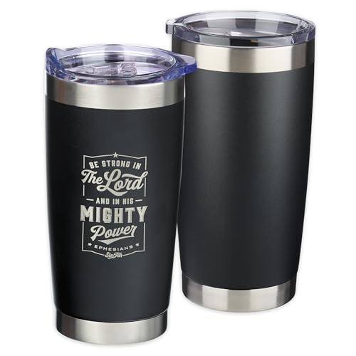 Christian Art Gifts Stainless Steel Double-Wall Vacuum Insulated Travel Mug 18 oz Matte Black Tumbler with Lid for Men Inspirational Bible Verse - Strong in the Lord - Eph. 6:10