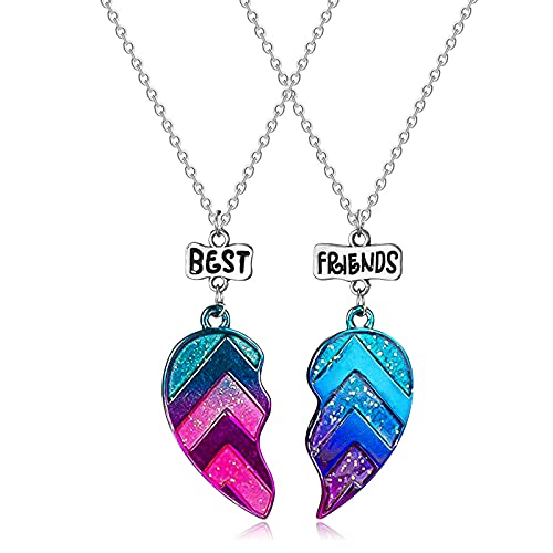 MJartoria BFF Necklace for 2-Matching Heart Best Friends Forever Rainbow Pendant Friendship Necklace Gifts for Girls Best Friend Necklaces (Blue)