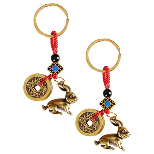 Abaodam 2Pcs 2023 Year of Rabbit Hanging Pendants Rabbit Lucky Charms Key Ring Chinese Zodiac Rabbit Copper Cash Keychain Feng Shui Decor