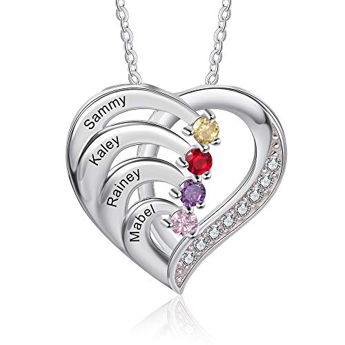 925 Sterling Silver Mother Necklace with 3-4 Simulated Birthstones Personalized Women's Promise Necklace Engraved Names Family Anniversary Jewelry for Grandma (4 Stones)