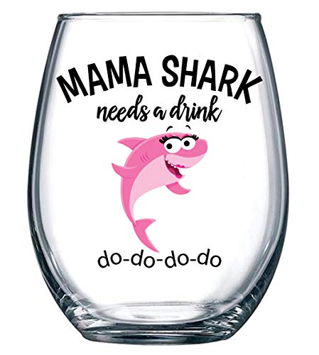 Vine Country Mama Shark Needs a Drink Funny Wine Glass - Mom Gift For Birthdays, Mother's Day, Christmas, Holidays or Just Because - Stemless