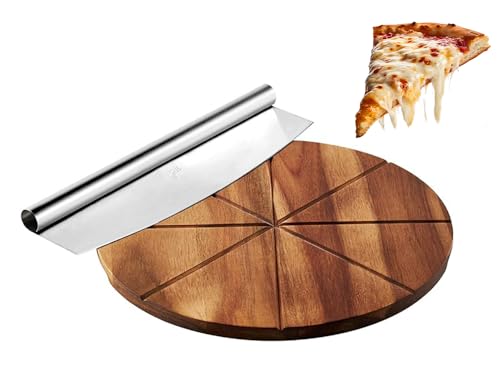 Hans Grill Pizza Cutter and Round Serving Board Gift Set | Professional Stainless Steel Food Slicer with 13.5' Acacia Wooden Board | Perfect for Slicing and Serving Pies, Pizza, Cake and Cheese