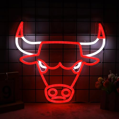Bulls Neon Sign Chicago Red LED Bull Neon Sign Sports Team Sign for Beer Bar Man Cave Club Pub Bedroom Office Hotel Birthday Party Wall Decor Gift for Chicago Fans 13.5 * 12.5 IN