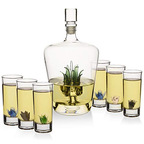 Tequila Glasses & Decanter Set - Liquor Decanter Set for Men with Handblown Agave Design, Decanter and 6 Agave Tequila Shot Glasses, Tequila Gifts, 25 Ounce Bottle, 3 Ounce Tequila Sipping Glasses