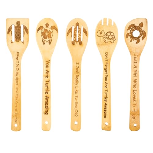 5PCS Turtle Wooden Cooking Spoons Sea Turtle Gifts Turtle Decor Turtle Gifts for Women Turtle Kitchen Decor Gifts for Turtle Lovers Housewarming Wedding Cooking Bamboo Cooking Spoons for Everyday Use
