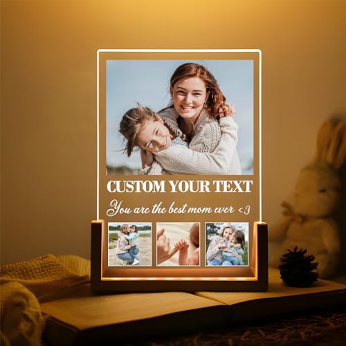 BEXOA EDC Personalized Mothers Day Gifts for Mom - Custom Picture Frame Night Light Plaque with Photo Text for Women Wife