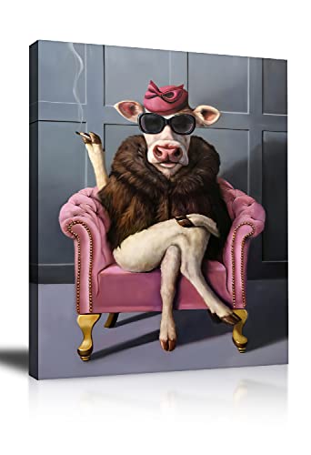Funny Canvas Cow Wall Art Humor Animals Artwork Prints Rustic Farmhouse Style Wall Decor for Living Room Bathroom Bedroom Ready To Hang 12x16 inch