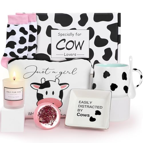 UAREHIBY Cow Print Stuff,Cow Themed Gifts for Women,Birthday Gifts for Cow Lovers,Cute Cow Ceramic Mug,Cow Print Cosmetic Bag and Socks for Cow Lovers