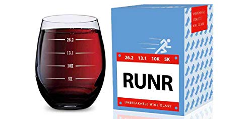 GSM Brands Stemless Wine Glass for Runners (5K, 10K, 13.1, 26.2 Measurements) Made of Unbreakable Tritan Plastic and Dishwasher Safe - 16 ounces